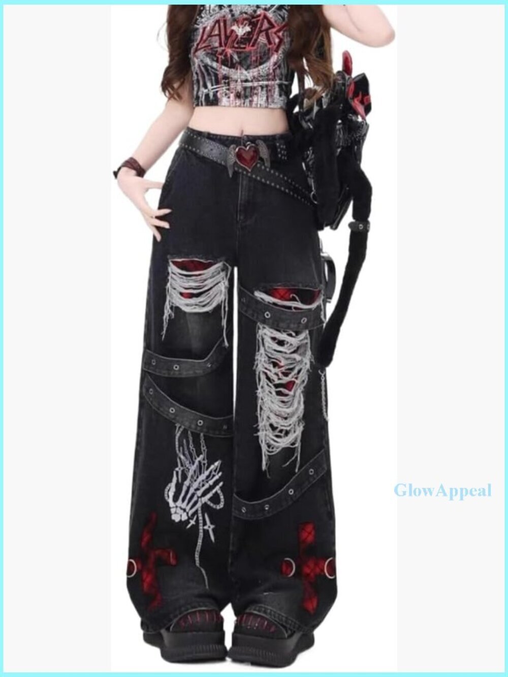 Distressed Denim Pants High Waisted Wide Leg Loose Fit Y2K Retro